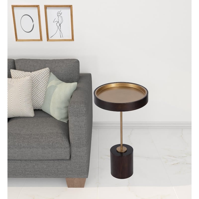21.5” Solid Wood Round Accent Table with Rose Gold Top and Black Block Base Distressed Finish - 21.5"H x 12"W x 12"L