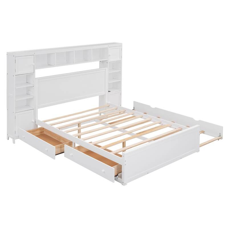 Queen Size Wooden Bed with Built-in Storage, Shelves, and Outlets, White