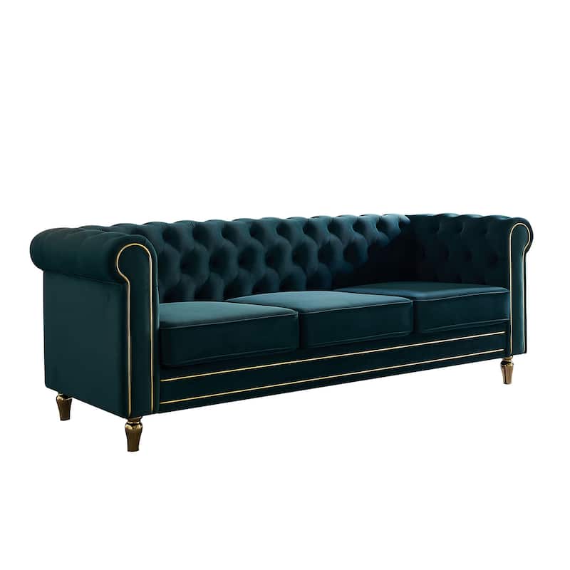 Modern Chesterfield Couch with Button Tufting, High-Density Foam & Gold Accents - 85'' Wide