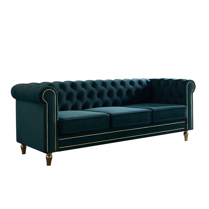 Rolled Arm Chesterfield Velvet Sofa - 84.65" High-Density Foam, Electroplated Legs - Elegant Living Room Accent