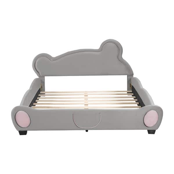 slide 2 of 10, Queen Upholstered Bed Frame with Bear-shaped Headboard & Pocket,Gray Gray - Queen