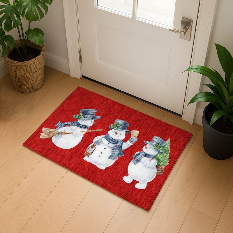 Premium Washable Super Soft Winter Holiday Snowman Mayfield Rug - Red - 1'8" x 2'6"