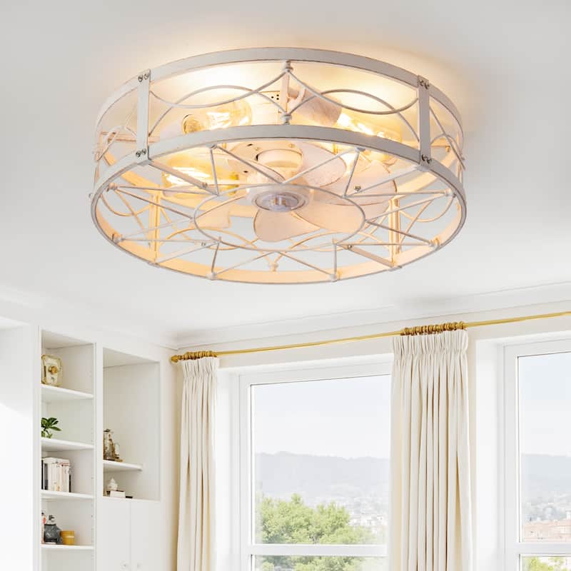 20-in Vintage Distressed White Caged Ceiling Fan with Light and Remote (7-Blade) - Remote