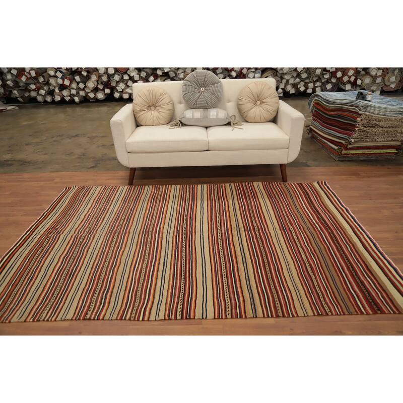 Hand Woven Oriental 100% Wool Carpet Southwestern Geometric Multi-Colored Kilim Area Rug - 8' 0'' X 5' 2''