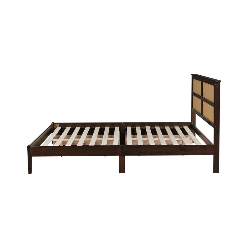 GDFStudio Rubber Wooden Bed with Rattan Headboard
