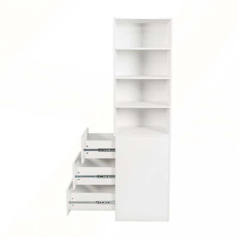 Modern Wooden Tall Display Storage Cabinet with 4-Tier Shelves and 3 Side Drawers for Living Room and Home Office