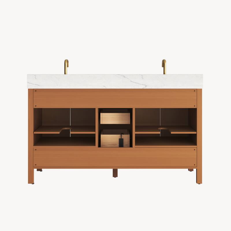 60" Freestanding Bathroom Vanity with Engineered Stone Top, Ceramic Double-Sink, Built-In Power Outlet, and Hair Dryer Storage