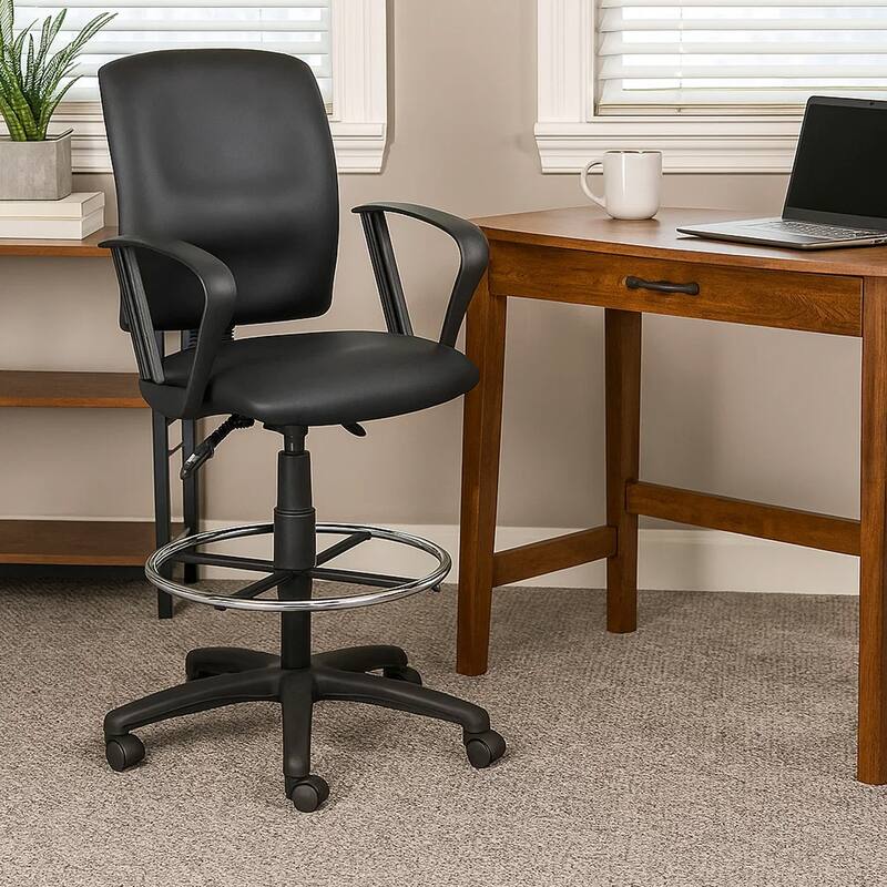 Reza Rolling Drafting Armchair, Footring, Black Faux Leather, Swivel