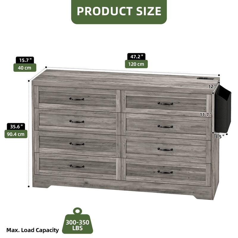 Vintage Double Dresser Chest of Drawers with Charging Station and Side Organizer Bag