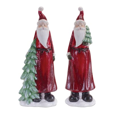 Santa Figurines Set of 2 with Tree Terra Cotta Holiday Decor for Home - 3.75” x 3.25” x 11.5”