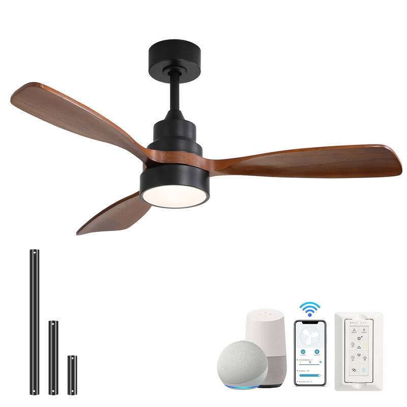 Sofucor 48 Inch Ceiling Fan with Light and Remote,Solid Wood Blades Low Profile,Smart Optional Work with Alexa/Google/App - Smart(Remote+APP+Voice Control) - Black with Brown
