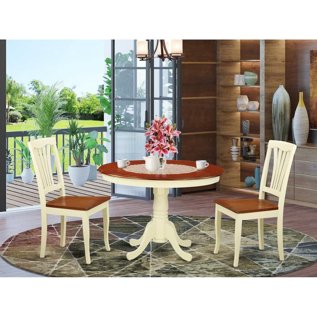 HomeStock 3-Piece Round Buttermilk and Cherry Finish Solid Wood Top Dining Table with 2 Chairs