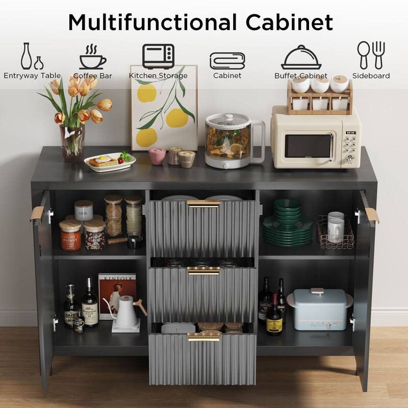 Meyreso 55" Wide Coffee Bar with 2 Adjustable Shelves, Modern Farmhouse Sideboard Buffet with 4 Drawers