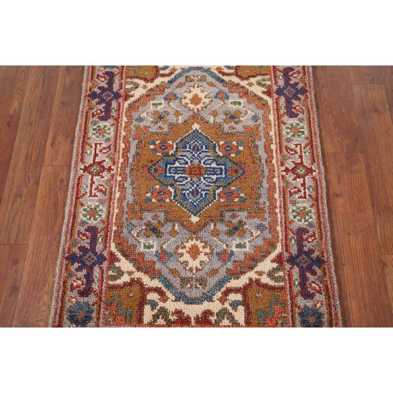 Geometric Heriz Serapi Indian Accent Rug Handmade Grey Wool Carpet - 2'1" x 3'2"