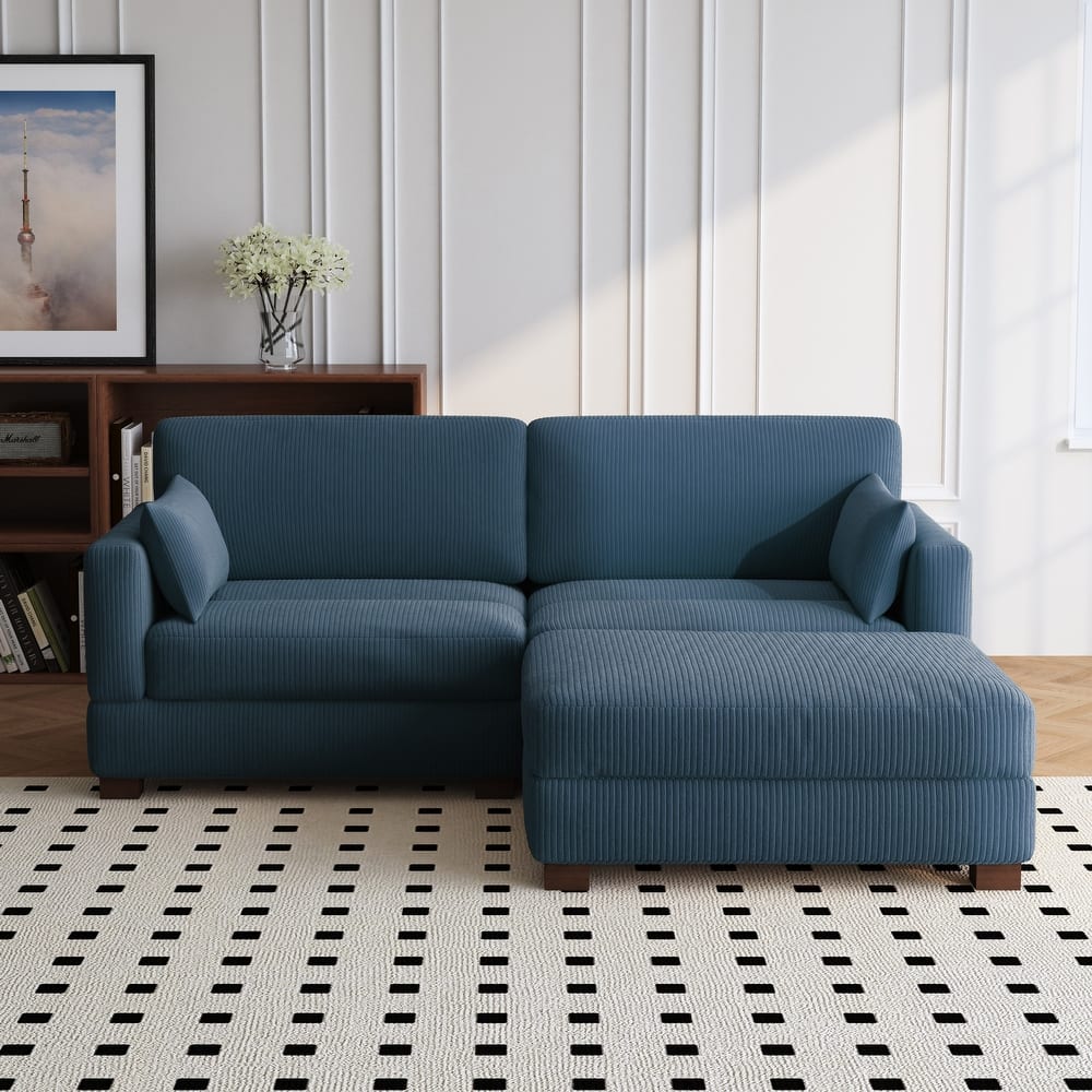 84'' L-Shaped Corduroy Comfy Couch Modular Sectional Sofa With Ottoman