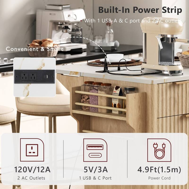 55.5" Fluted Kitchen Island with Drop Leaf, Power Outlet, 4 Doors & 3 Drawers