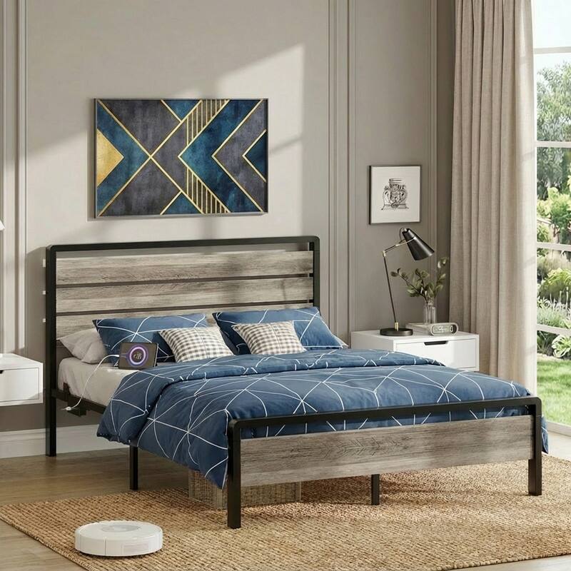Bed Frame with LED Light and Charging Station, Metal Platform Bed with Wood Headboard - Gray - Queen