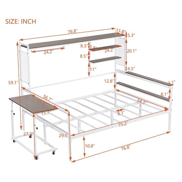 dimension image slide 3 of 4, Metal Daybed with Movable Desk, Metal Slat Support Bed Frame Metal Grid, Shelves and Clothes Hanger