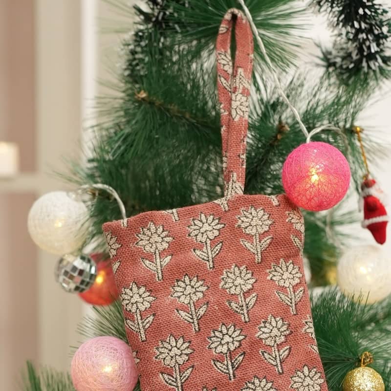 Fabdivine Hand Block Floral Print Christmas Knit Stockings, Home Decorative Gift Use - 16"X6.5"