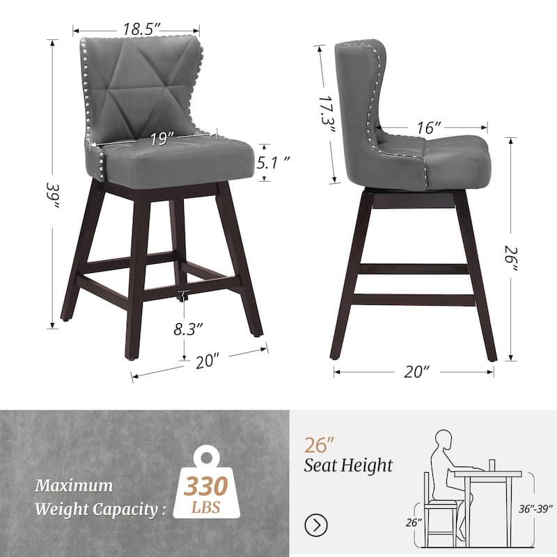 26 in. Mid-Century Modern Counter Stools Wood Frame Swivel Bar Stools with Faux Leather/Fabric Upholstered Seat