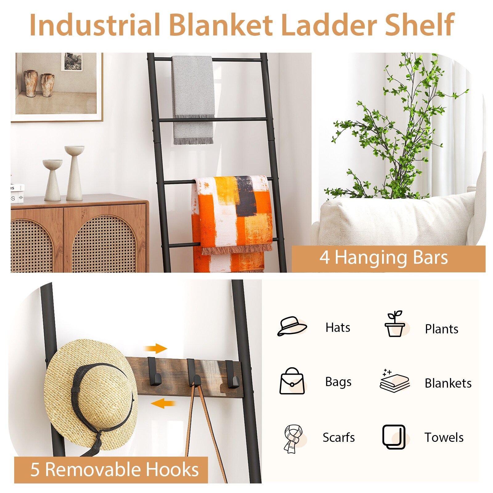 Wall-Leaning Decorative Blanket Holder with Removable Hooks