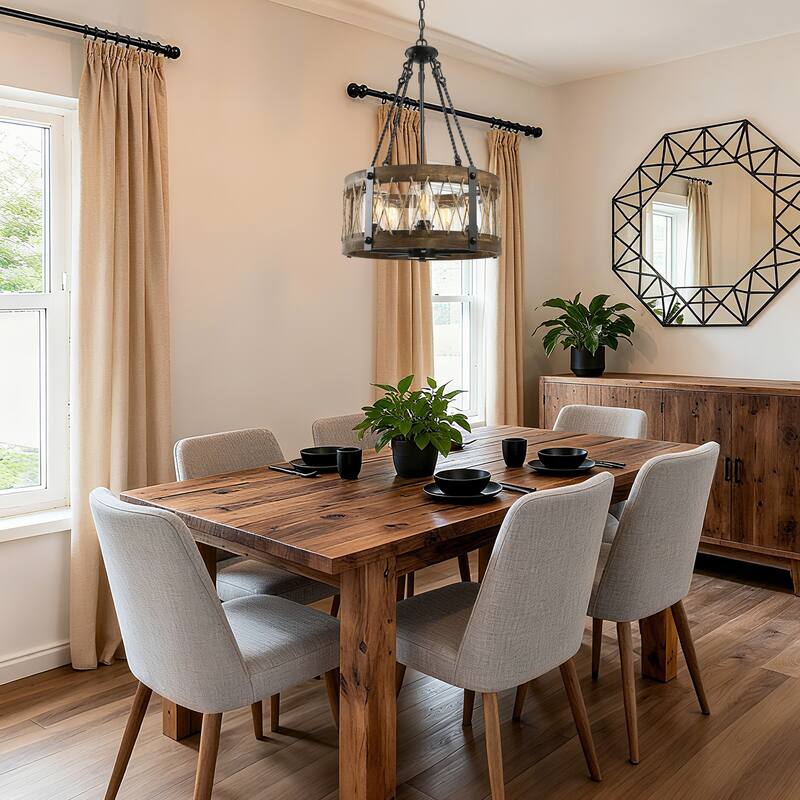 Farmhouse Rustic 5-Light Drum Wood Chandelier for Dining Living Room - D19"x H 27"