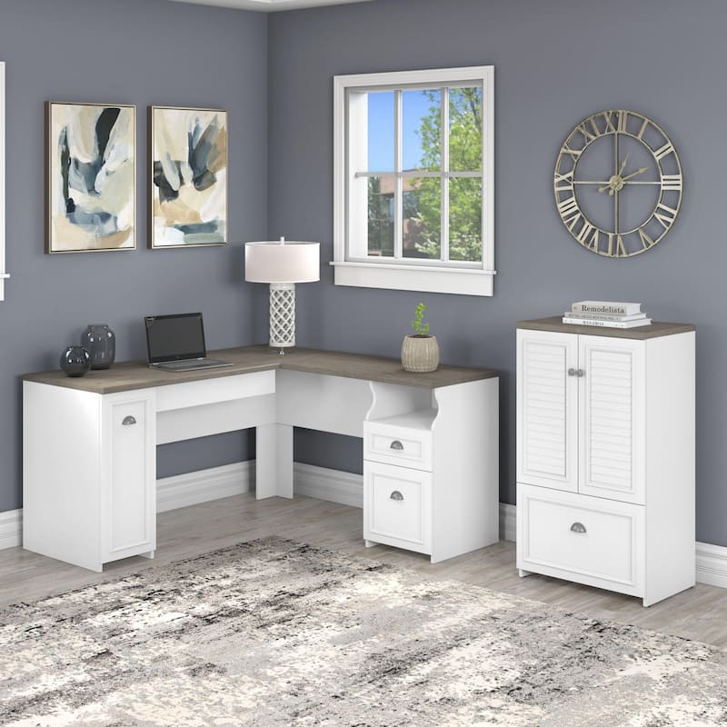 Fairview 60W L Shaped Desk and Storage Cabinet by Bush Furniture - Shiplap Gray/Pure White