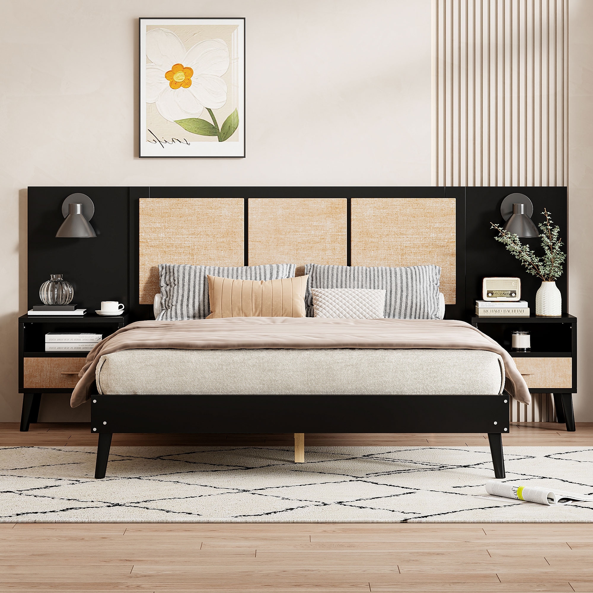 Classic Solid Wood Bed Frame with 2 Nightstands, Queen Platform Bed, Oversized Rattan and Wood Headboard with 2 Lamps