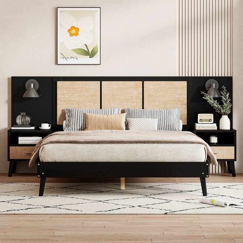 Queen Size Wooden Platform Bed Frame with Nightstands and Built-in Lamps, Elegant Rattan and Wood Design Bedroom Furniture