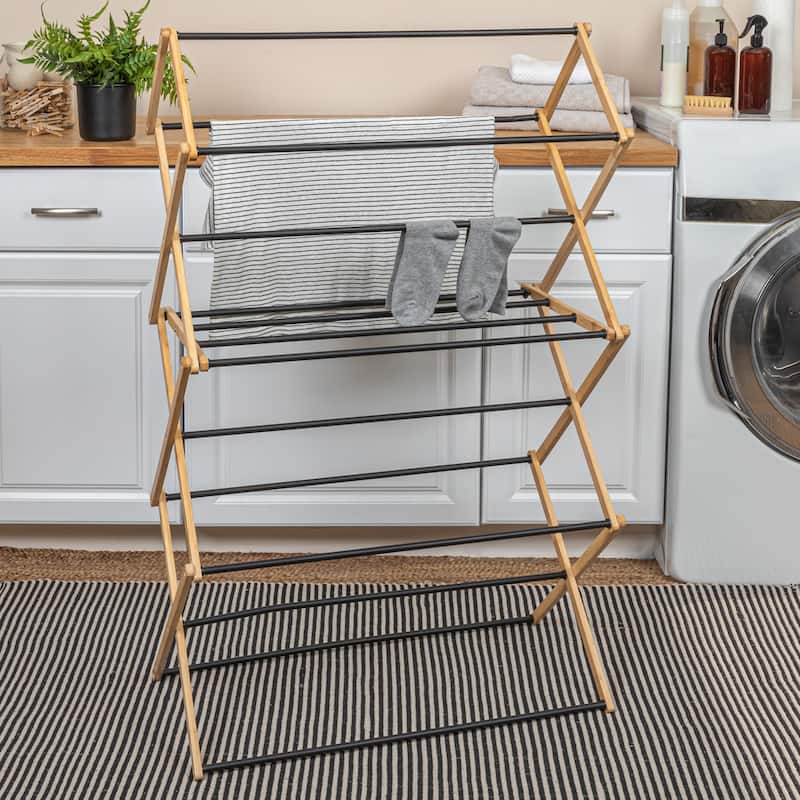 Household Essentials Bamboo Folding Clothes Drying Rack with 14 Coated Metal Dowels - 29.3"L x 14.3"W x 49.5"H - Black