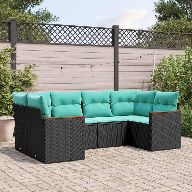 vidaXL 6 Piece Patio Sofa Set with Cushions Black Poly Rattan - 97.1x27.2x97.1