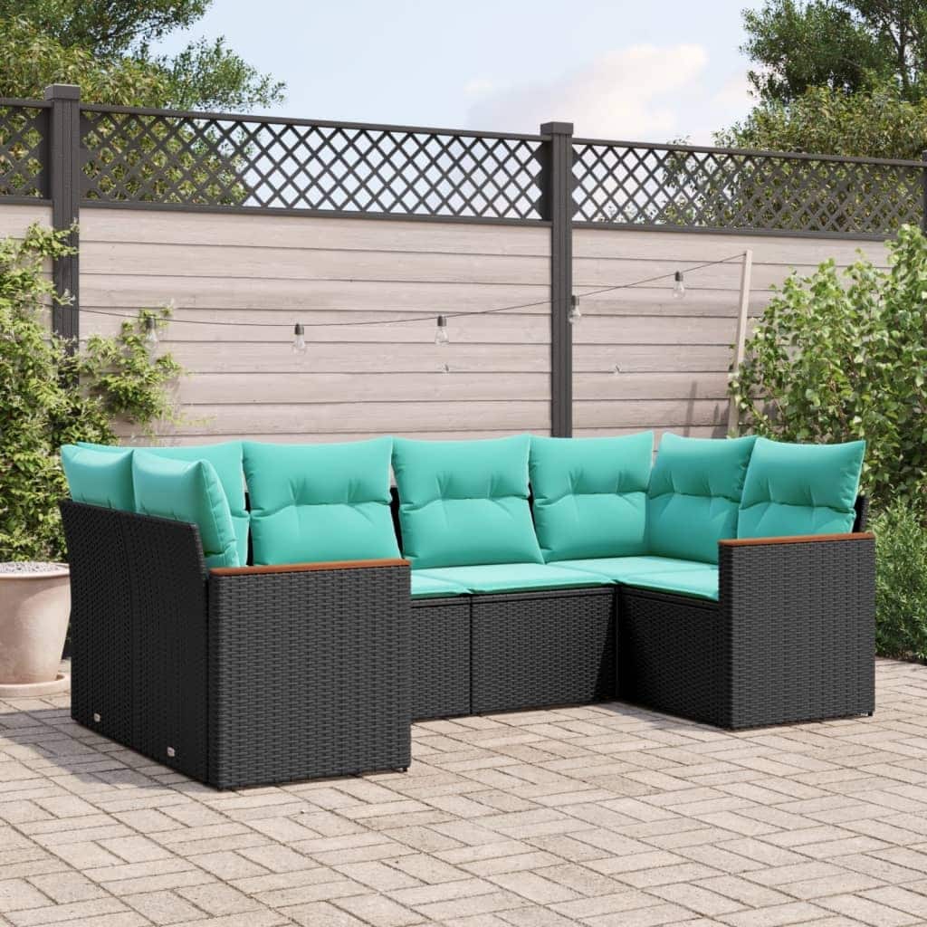 vidaXL 6 Piece Patio Sofa Set with Cushions Black Poly Rattan - 97.1x27.2x97.1
