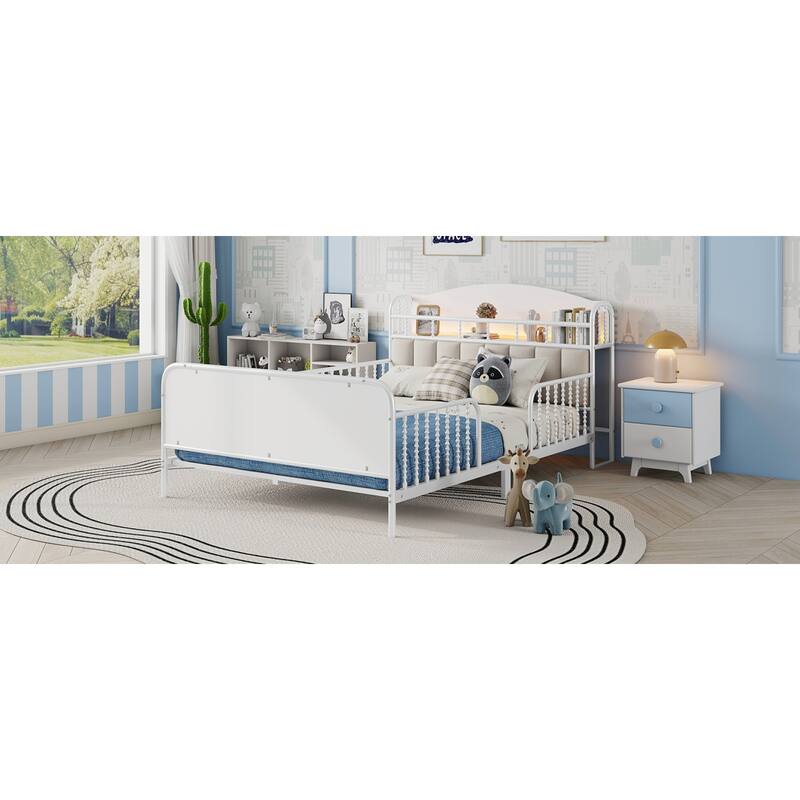 Roomfitters Twin/Full Metal Platform Bed, LED Storage Headboard and Guardrails with Metal Frame for Bedroom or Guest Room