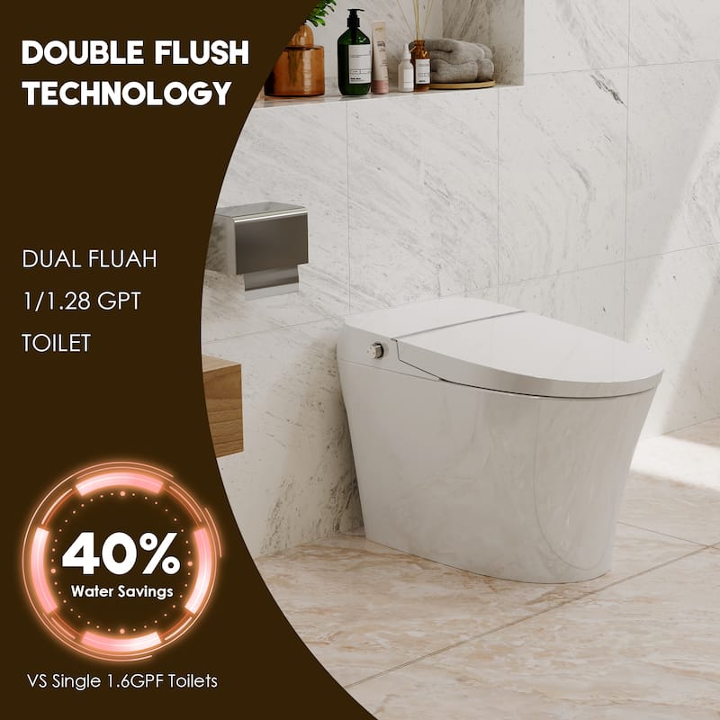 Smart Toilet with Heated Seat & Foot Sensor Flush - Tankless, Dual Flush, Night Light, Upmarket Compact White Ceramic Toilet