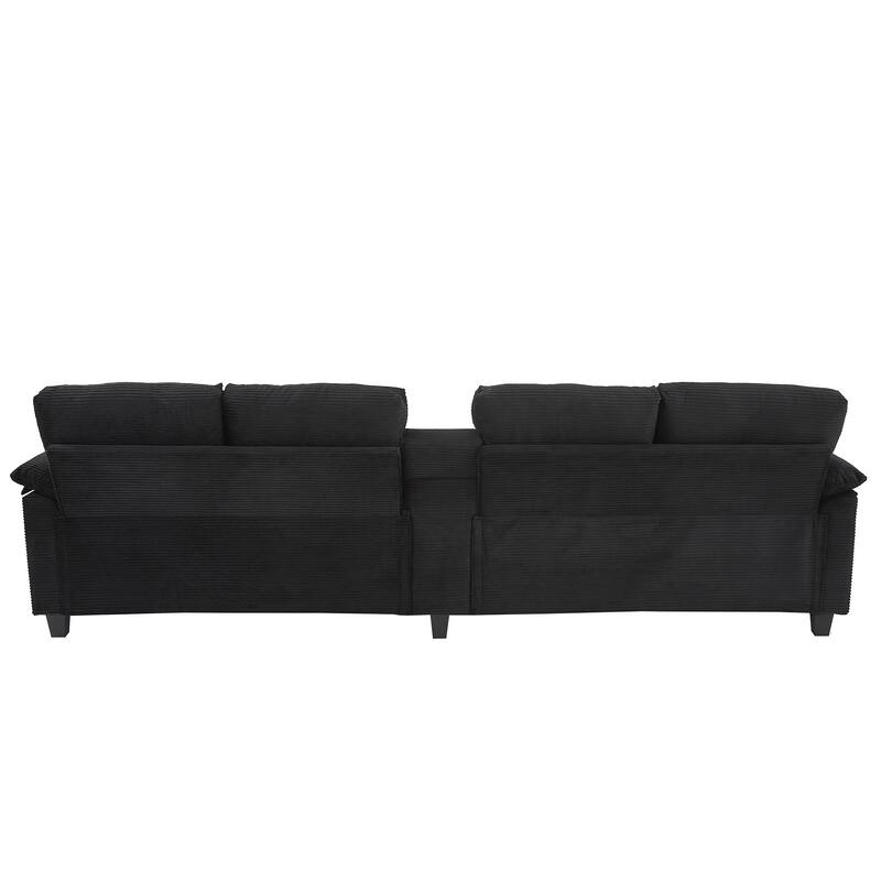 Corduroy Upholstered 4 Seat Sofa, U-shaped Sectional Sofa with Movable Storage Ottomans, Console, Cup Holders and USB Ports