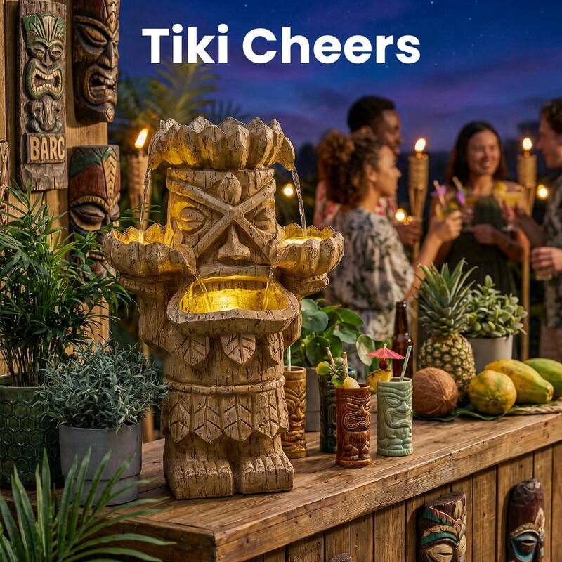 Vbal Hand Crafted Light Brown Resin Tiki Head Fountain Weather Resistant