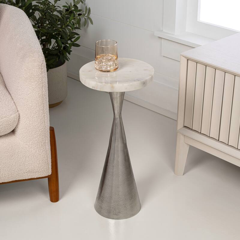 Ziggy 22" Contemporary Metal Drink & End Table w/ White Marble & Cone Base, By JONATHAN Y - Antique Nickel