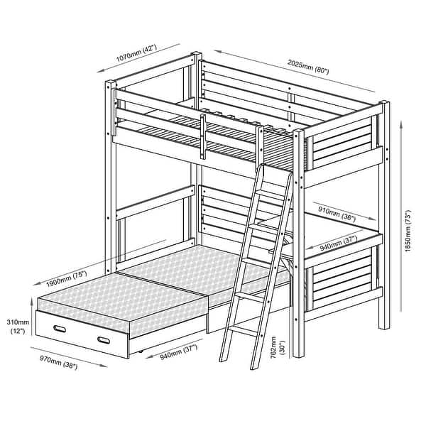 dimension image slide 1 of 3, Alaterre Furniture Arlington Solid Wood Twin Loft Bed For Kids With Underneath Desk, Fold-Out Futon, and Climb-Up Ladder, White