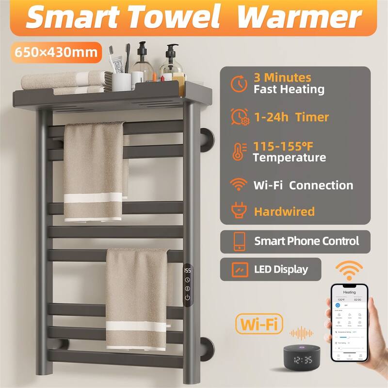 Heated Towel Rack with Shelf and Wi-Fi App Control,Towel Warmer