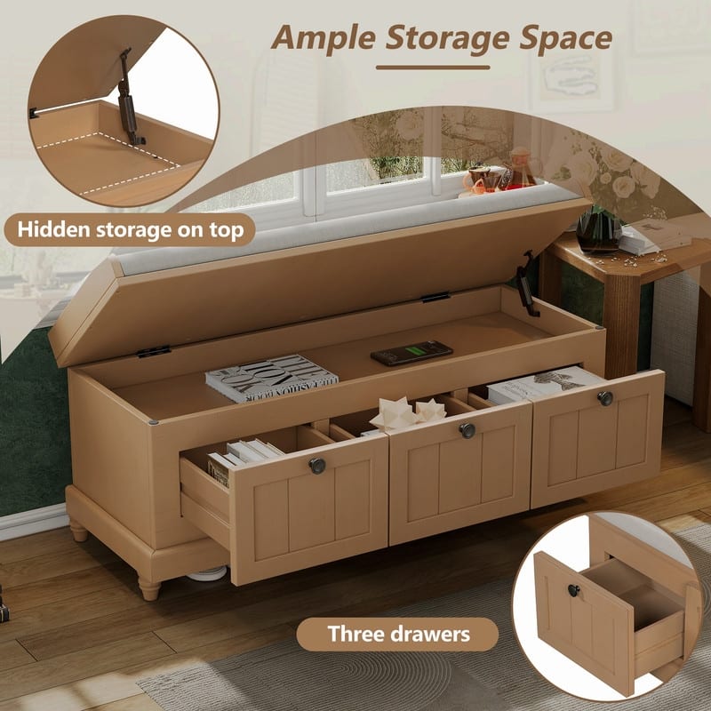 Classic Storage Bench with Cushioned Seat and Drawers