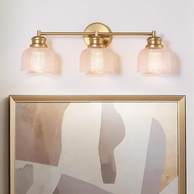 23.8" W 3-Light Retro Industrial Gold Bowl-Shaped Bathroom Vanity Light with Clear Chequered Textured Glass Shades
