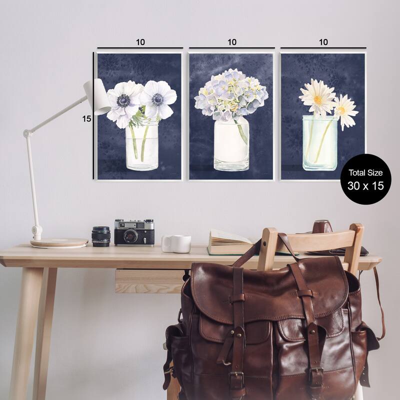 Stupell Farmhouse Flower Bouquets Navy Blue White Painting,3pc, each 10 x 15, Wood Wall Art