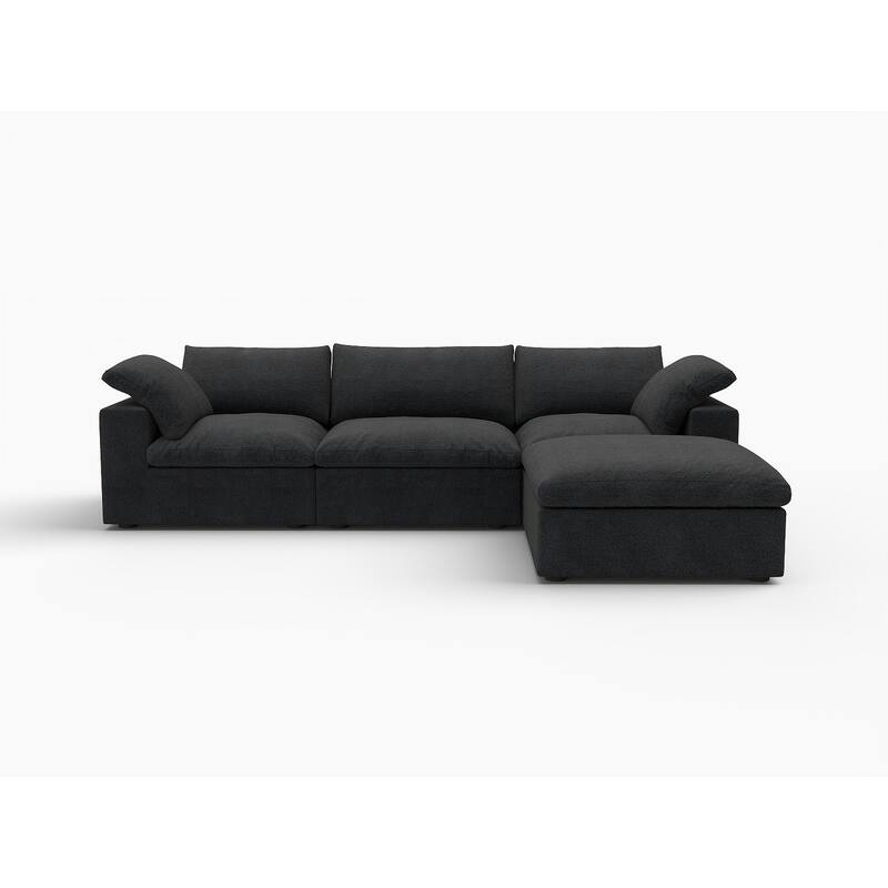 HomeRoots 120" Black Linen Blend Modular Wood Sofa With Ottoman And Storage