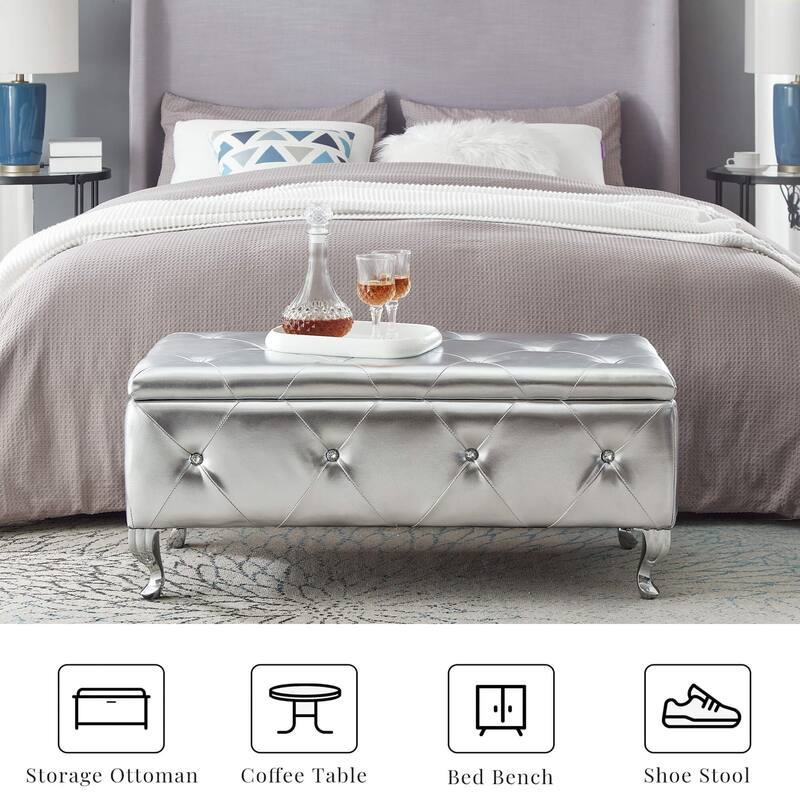Upholstered Storage Ottoman Bench For Bedroom End Of Bed Faux Leather Rectangular Storage Benches Footrest