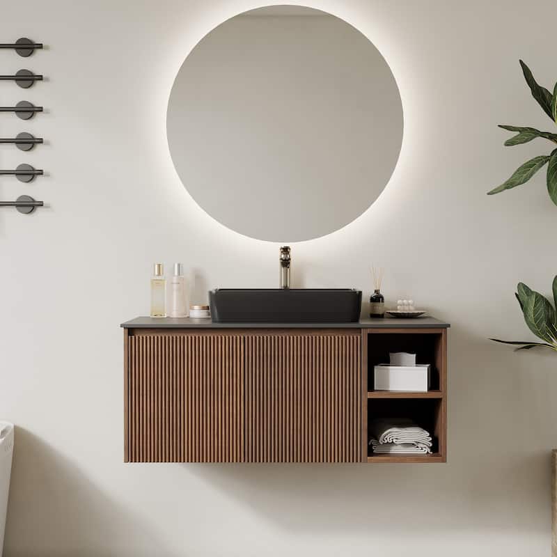 35.83'' Single Bathroom Vanity with Glossy Sintered Stone Top, Light Wood & Dark Wood