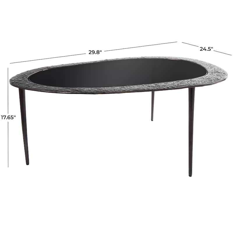 Aluminum Metal Abstract Oval Shaped Side End Table with Shaded Glass Top and Detailed Engravings - Black - Roche River Decor
