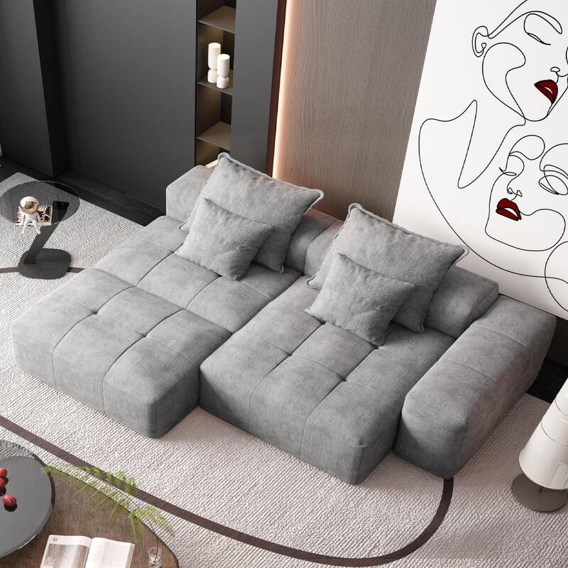 Oversized Floor Sectional Sofa with Ottoman & Chaise Lounge, Chenille Fabric Modular Couch with 4 Pillows for Living Room
