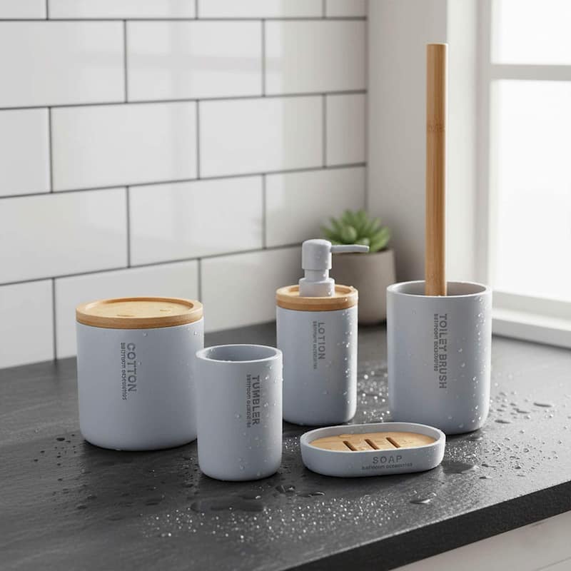 Bathroom Essentials Set Natural Bamboo Bath Set Accessories 5 pieces