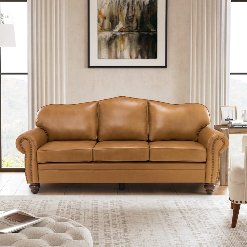 Balvino 81" Wide Transitional Genuine Leather Rolled Arm Nailhead Trim Sofa with Solid Wood Legs and Removable Cushions
