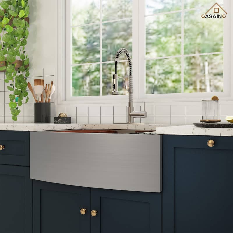 Farmhouse/Apron-Front Single Bowl 16 Gauge Stainless Steel Workstation Kitchen Sink with Pull Down Kitchen Faucet & Accessories